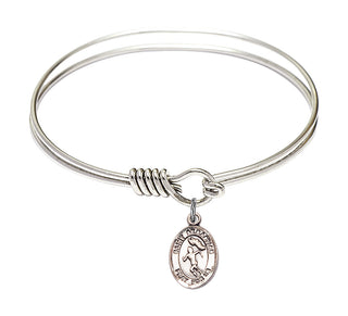 6 1/4 inch Round Eye Hook Rhodium Bangle Bracelet with a Sterling Silver Saint Sebastian/Track&Field charm.