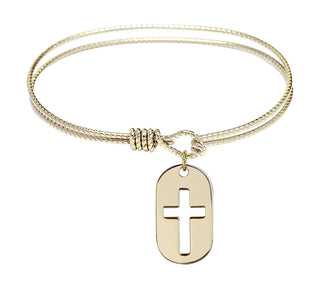 6 1/4 inch Oval Eye Hook Hamilton Gold Bangle Bracelet with a 14kt Gold Filled Cross Dog Tag charm.