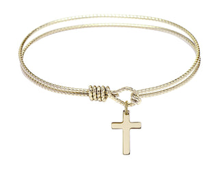 6 1/4 inch Oval Eye Hook Hamilton Gold Bangle Bracelet with a 14kt Gold Filled Cross charm.