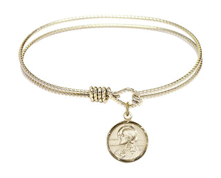 6 1/4 inch Oval Eye Hook Hamilton Gold Bangle Bracelet with a 14kt Gold Filled Scapular charm. Engraved Catholic Saint Jewelry