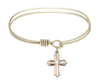 6 1/4 inch Oval Eye Hook Hamilton Gold Bangle Bracelet with a 14kt Gold Filled Cross charm.