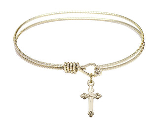 6 1/4 inch Oval Eye Hook Hamilton Gold Bangle Bracelet with a 14kt Gold Filled Cross charm.