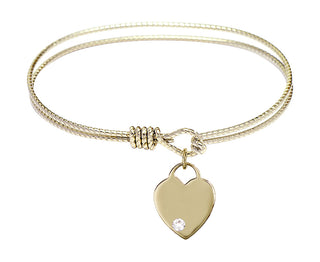 6 1/4 inch Oval Eye Hook Hamilton Gold Bangle Bracelet with a 14kt Gold Filled Heart charm. Engraved Catholic Saint Jewelry