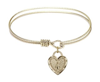 6 1/4 inch Oval Eye Hook Hamilton Gold Bangle Bracelet with a 14kt Gold Filled Miraculous Heart charm. Engraved Catholic Saint Jewelry