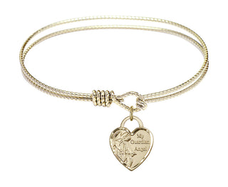 6 1/4 inch Oval Eye Hook Hamilton Gold Bangle Bracelet with a 14kt Gold Filled Guardian Angel Heart charm. Engraved Catholic Saint Jewelry