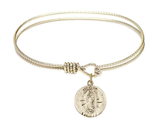6 1/4 inch Oval Eye Hook Hamilton Gold Bangle Bracelet with a 14kt Gold Filled Our Lady of Guadalupe charm.
