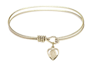 6 1/4 inch Oval Eye Hook Hamilton Gold Bangle Bracelet with a 14kt Gold Filled Guardian Angel charm. Engraved Catholic Saint Jewelry