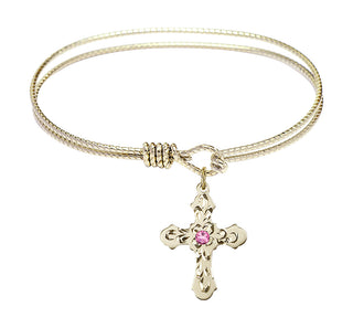 6 1/4 inch Oval Eye Hook Hamilton Gold Bangle Bracelet with a 14kt Gold Filled Cross charm. Engraved Catholic Saint Jewelry