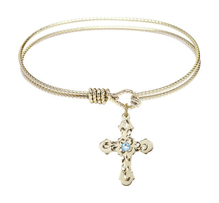 6 1/4 inch Oval Eye Hook Hamilton Gold Bangle Bracelet with a 14kt Gold Filled Cross charm. Engraved Catholic Saint Jewelry