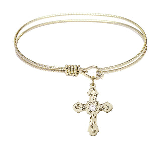 6 1/4 inch Oval Eye Hook Hamilton Gold Bangle Bracelet with a 14kt Gold Filled Cross charm. Engraved Catholic Saint Jewelry