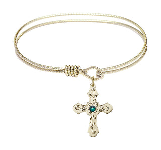 6 1/4 inch Oval Eye Hook Hamilton Gold Bangle Bracelet with a 14kt Gold Filled Cross charm. Engraved Catholic Saint Jewelry