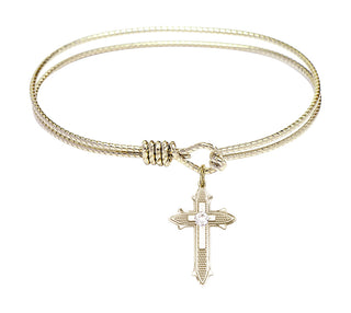 6 1/4 inch Oval Eye Hook Hamilton Gold Bangle Bracelet with a 14kt Gold Filled Cross on Cross charm. Engraved Catholic Saint Jewelry
