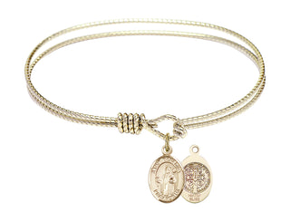6 1/4 inch Oval Eye Hook Hamilton Gold Bangle Bracelet with a 14kt Gold Filled Saint Benedict charm.