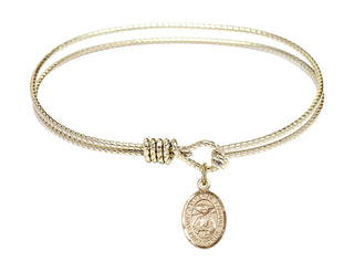 6 1/4 inch Oval Eye Hook Hamilton Gold Bangle Bracelet with a 14kt Gold Filled Saint Catherine Laboure charm. Engraved Catholic Saint Jewelry