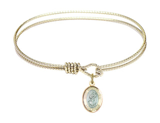 6 1/4 inch Oval Eye Hook Hamilton Gold Bangle Bracelet with a 14kt Gold Filled Saint Christopher charm. Engraved Catholic Saint Jewelry