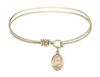 6 1/4 inch Oval Eye Hook Hamilton Gold Bangle Bracelet with a 14kt Gold Filled Saint Dorothy charm. Engraved Catholic Saint Jewelry