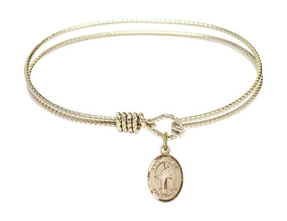 6 1/4 inch Oval Eye Hook Hamilton Gold Bangle Bracelet with a 14kt Gold Filled Saint Justin charm. Engraved Catholic Saint Jewelry