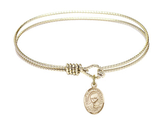 6 1/4 inch Oval Eye Hook Hamilton Gold Bangle Bracelet with a 14kt Gold Filled Saint Maximilian Kolbe charm. Engraved Catholic Saint Jewelry