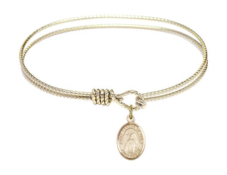 6 1/4 inch Oval Eye Hook Hamilton Gold Bangle Bracelet with a 14kt Gold Filled Saint Teresa of Avila charm. Engraved Catholic Saint Jewelry