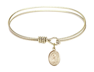 6 1/4 inch Oval Eye Hook Hamilton Gold Bangle Bracelet with a 14kt Gold Filled Our Lady of la Vang charm. Engraved Catholic Saint Jewelry