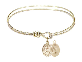 6 1/4 inch Oval Eye Hook Hamilton Gold Bangle Bracelet with a 14kt Gold Filled Our Lady of Mount Carmel charm.