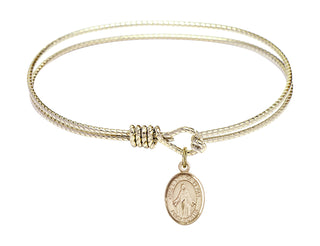6 1/4 inch Oval Eye Hook Hamilton Gold Bangle Bracelet with a 14kt Gold Filled Our Lady of Peace charm. Engraved Catholic Saint Jewelry