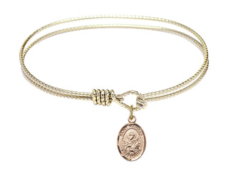 6 1/4 inch Oval Eye Hook Hamilton Gold Bangle Bracelet with a 14kt Gold Filled Saint Meinrad of Einsiedeln charm. Engraved Catholic Saint Jewelry