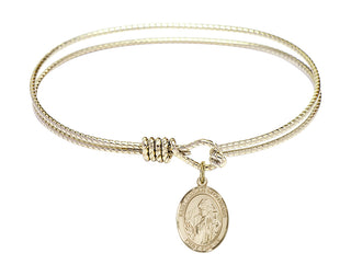 6 1/4 inch Oval Eye Hook Hamilton Gold Bangle Bracelet with a 14kt Gold Filled Saint Finnian of Clonard charm. Engraved Catholic Saint Jewelry