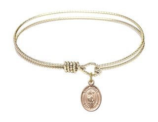 6 1/4 inch Oval Eye Hook Hamilton Gold Bangle Bracelet with a 14kt Gold Filled Saint Ronan charm. Engraved Catholic Saint Jewelry