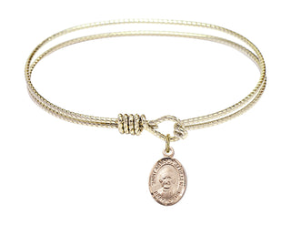 6 1/4 inch Oval Eye Hook Hamilton Gold Bangle Bracelet with a 14kt Gold Filled Saint Arnold Janssen charm. Engraved Catholic Saint Jewelry