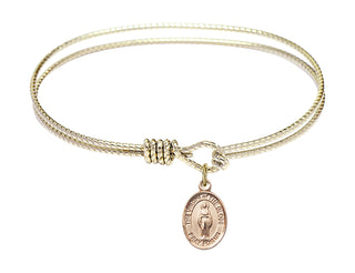 6 1/4 inch Oval Eye Hook Hamilton Gold Bangle Bracelet with a 14kt Gold Filled Virgin of the Globe charm. Engraved Catholic Saint Jewelry