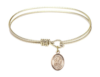 6 1/4 inch Oval Eye Hook Hamilton Gold Bangle Bracelet with a 14kt Gold Filled Saint Polycarp of Smyrna charm. Engraved Catholic Saint Jewelry