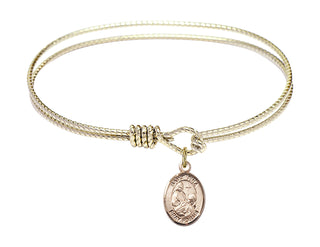 6 1/4 inch Oval Eye Hook Hamilton Gold Bangle Bracelet with a 14kt Gold Filled Saint Fina charm. Engraved Catholic Saint Jewelry