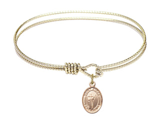 6 1/4 inch Oval Eye Hook Hamilton Gold Bangle Bracelet with a 14kt Gold Filled Saint Aidan of Lindesfarne charm. Engraved Catholic Saint Jewelry