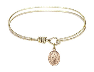 6 1/4 inch Oval Eye Hook Hamilton Gold Bangle Bracelet with a 14kt Gold Filled Our Lady the Undoer of Knots charm. Engraved Catholic Saint Jewelry