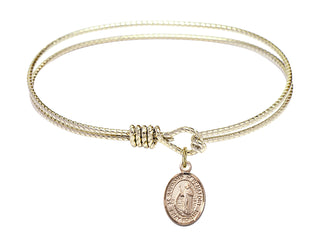 6 1/4 inch Oval Eye Hook Hamilton Gold Bangle Bracelet with a 14kt Gold Filled Saint Raymond of Penafort charm. Engraved Catholic Saint Jewelry