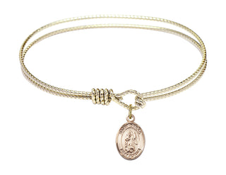 6 1/4 inch Oval Eye Hook Hamilton Gold Bangle Bracelet with a 14kt Gold Filled Saint Drogo charm. Engraved Catholic Saint Jewelry
