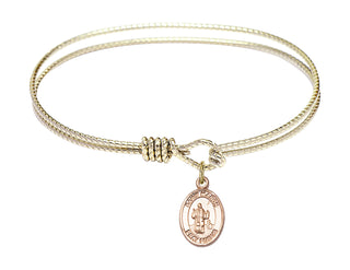 6 1/4 inch Oval Eye Hook Hamilton Gold Bangle Bracelet with a 14kt Gold Filled Saint Maron charm. Engraved Catholic Saint Jewelry