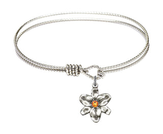 6 1/4 inch Oval Eye Hook Rhodium Bangle Bracelet with a Sterling Silver Chastity charm.