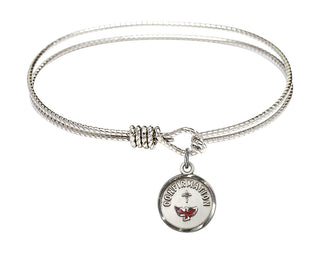 6 1/4 inch Oval Eye Hook Rhodium Bangle Bracelet with a Sterling Silver Confirmation charm. Engraved Catholic Saint Jewelry