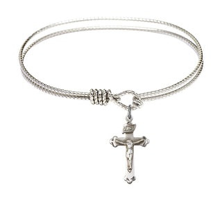 6 1/4 inch Oval Eye Hook Rhodium Bangle Bracelet with a Sterling Silver Crucifix charm.