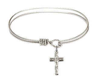 6 1/4 inch Oval Eye Hook Rhodium Bangle Bracelet with a Sterling Silver Cross charm.
