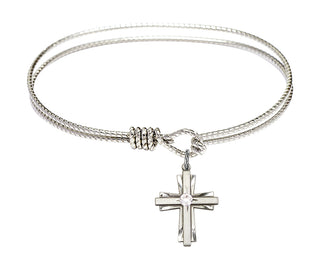 6 1/4 inch Oval Eye Hook Rhodium Bangle Bracelet with a Sterling Silver Cross charm.
