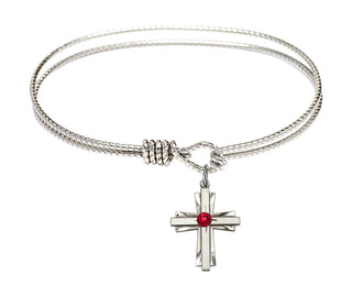 6 1/4 inch Oval Eye Hook Rhodium Bangle Bracelet with a Sterling Silver Cross charm.