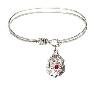 6 1/4 inch Oval Eye Hook Rhodium Bangle Bracelet with a Sterling Silver Scapular charm.