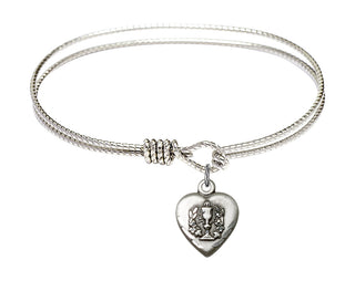 6 1/4 inch Oval Eye Hook Rhodium Bangle Bracelet with a Sterling Silver Heart / Communion charm.