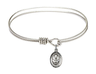 6 1/4 inch Oval Eye Hook Rhodium Bangle Bracelet with a Sterling Silver Confirmation charm.