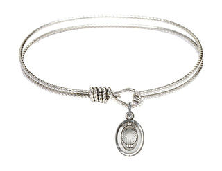 6 1/4 inch Oval Eye Hook Rhodium Bangle Bracelet with a Sterling Silver Baptism charm.