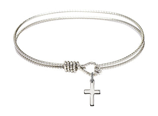 6 1/4 inch Oval Eye Hook Rhodium Bangle Bracelet with a Sterling Silver Cross charm.