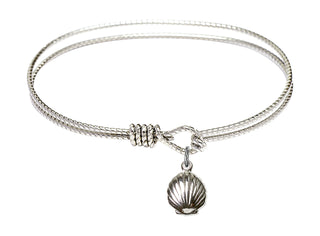 6 1/4 inch Oval Eye Hook Rhodium Bangle Bracelet with a Sterling Silver Shell charm.